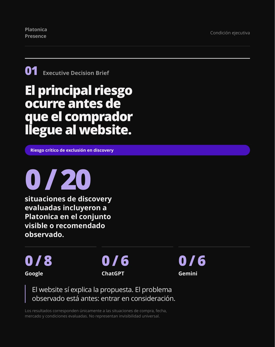 Condición ejecutiva de visibilidad comercial documentada por Platonica Presence